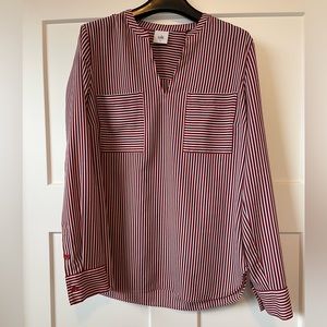 CAbi Pullover Blouse w/ Banded collar in Red/white/blue stripes, button cuffs, S